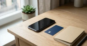 Mobiltelefon, bankkort och anteckningsbok på ett skrivbord