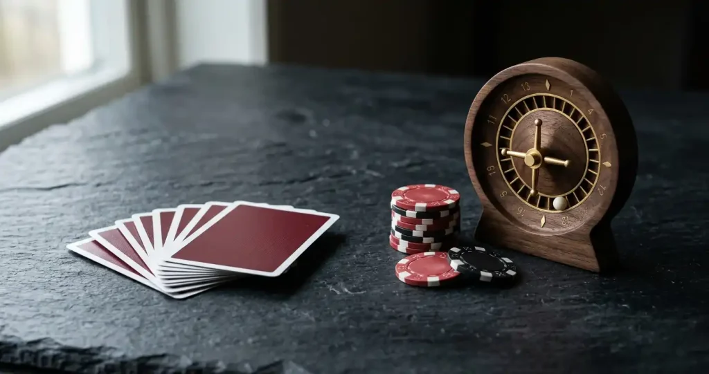 Spelkort, marker och stiliserade spelhjul mot en mörk neutral bakgrund