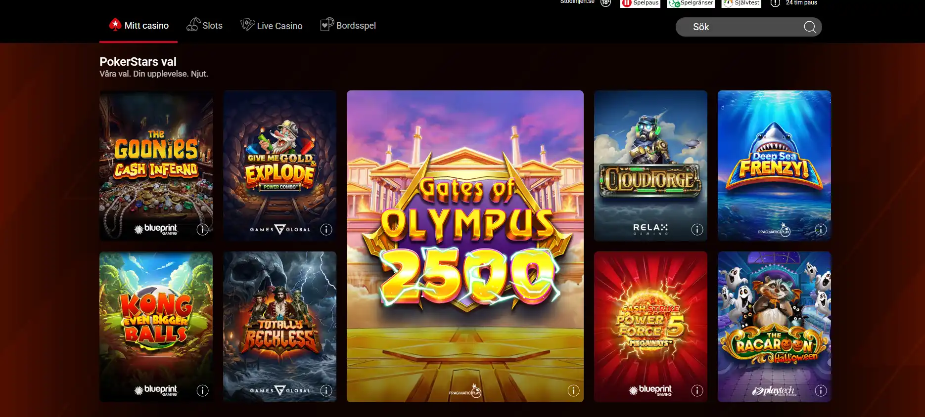 PokerStars Casinos svenska kasinovy med spelkategorier och navigering