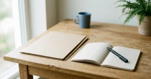 Dokumentmapp, anteckningsbok och penna på ett ljust skrivbord